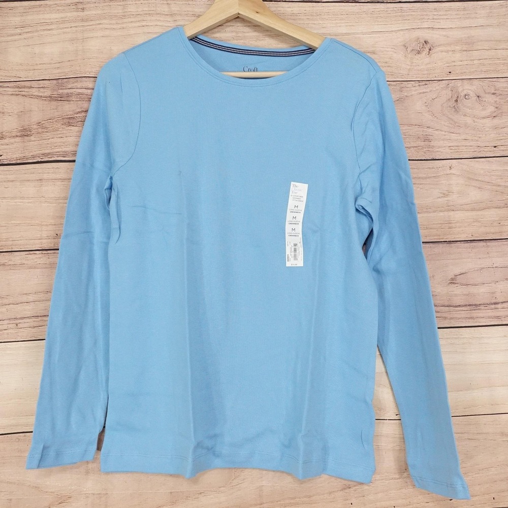New! Croft & Barrow T-Shirt Womens M Blue Crew Neck Long Sleeve Classic Tee Top